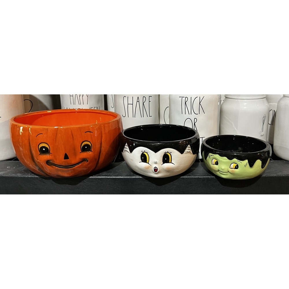 Johanna Parker Halloween Bowl Set Of 3 - Pumpkin Frankenstein Dracula